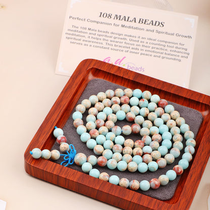 AD Beads 8mm 108 Prayer Mala Agalmatolite Elastic Bracelet - Peace and Tranquility - Handmade Yoga Meditation Healing Power Energy Gifts for Unisex Adult.