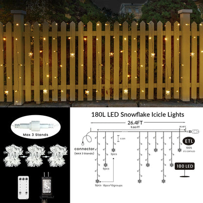 Icicle Lights for Outside 180 Clear Warm White 5MM Led 26.4ft White Wire Snowflake with 8 Mode Function Curtain String Lights Indoor Warm White and Outdoor for roof Patio Garden Bedroom (Remote)