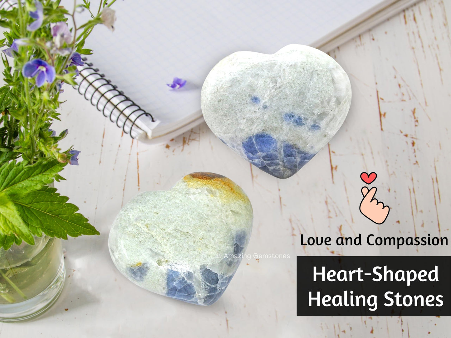 Amazing Gemstone Hackmanite Fluorescent Sodalite Crystal Heart Palm Stone - Pocket Massage Worry Stone for Natural Body Chakra Balancing, Reiki Healing and Crystal Grid