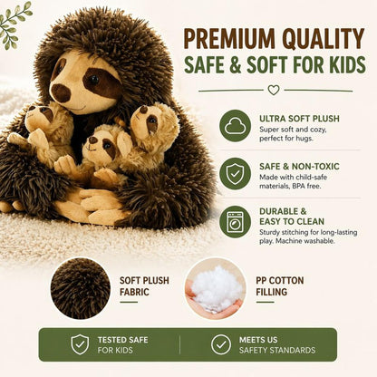 YOHAKI Sloth Plush Animal, 11.02" Cute Stuffed Sloth with 3 Baby Sloths, Easter Stuffed Sloth Animal, Washable Plush Toys, Cute Three Toed Sloth Birthday Gifts for Kids Boys and Girls, Brown