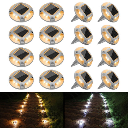 VOLISUN Solar Driveway Lights Dock Deck Lights 16 Pack,2 Colors in 1 Led IP67 Waterproof Outdoor Warning Step Lights for Driveway Sidewalk Pathway (White/Warm White)