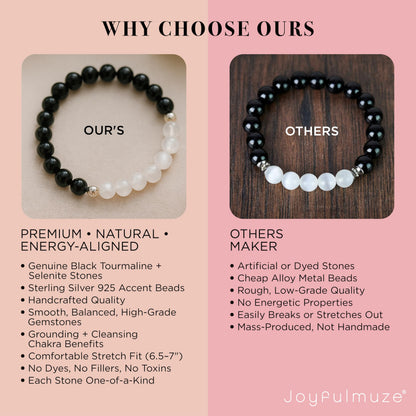 Joyfulmuze Black Tourmaline Selenite Bracelet, Handmade Stretch Jewelry, Natural Calming Crystals, Simple Genuine Chakra Energy Bracelet, Gifts for Women and Man, 8mm