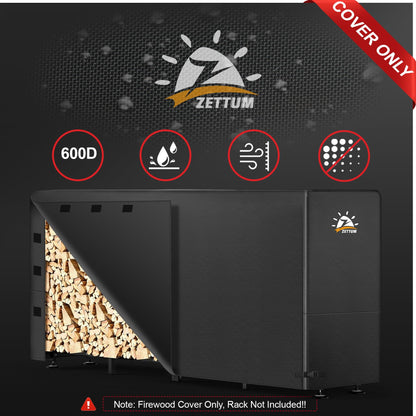 Zettum Firewood Rack Cover 8 Feet - 600D Wood Rack Cover Waterproof & Heavy Duty, 8 Foot Outdoor Log Pile Holder Covers Storage for 8FT Standard Fire Wood Rack Stands (96 x 24 x 49 Inch)