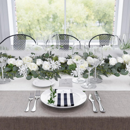 DearHouse 2Pcs Artificial Peony Flower Garland and - Silk Peony Garland with Flowers and Eucalyptus for Wedding Party Table Decoration,6ft/Strand (White)