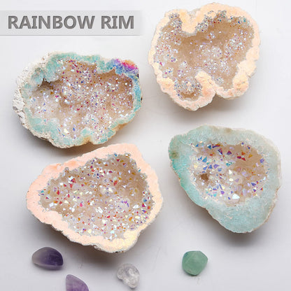 Yougoals Natural Geode Quartz Crystals,Rainbow Titanium Coated Quartz Specimen,White Geode Rainbow Crystal Cluster Natural Crystals and Healing Stones Decor 1PK Angel Aura Quartz