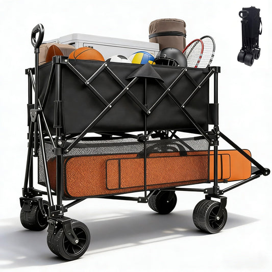 400L Large Capacity Double Decker Wagon Collapsible Wagon with Tailgate 55'' Extra Long, Foldable 450lbs Heavy Duty Beach Cart with All-Terrain Big Wheels,Utility Carts, Sports,Outdoor,Shoping Cart