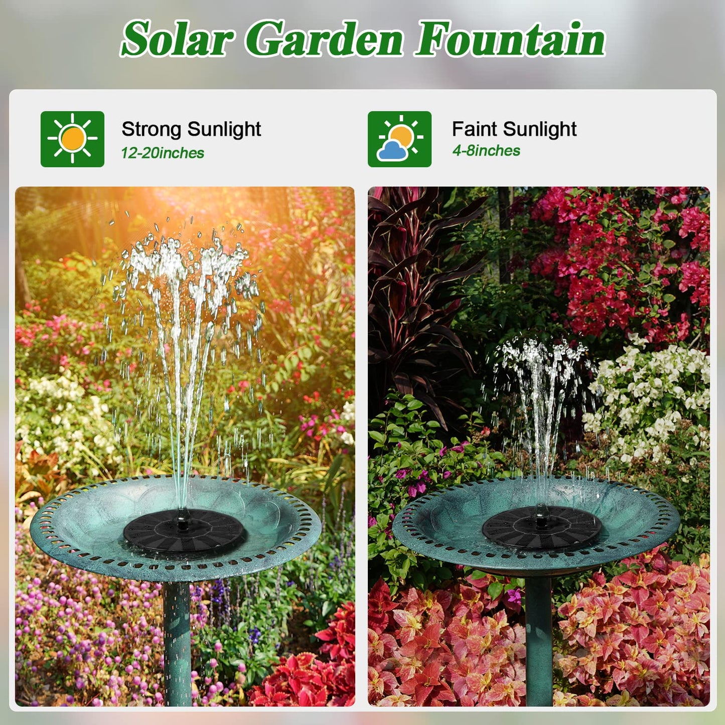 ZOLOCHEL Solar Fountain 100% Glass Covered, Solar Powered Hummingbird Water Fountain, Outdoor Bird Bath Fountain Pump with 8 Nozzles & 4 Fixers for Garden, Pond, Pool, Fish Tank Decoration