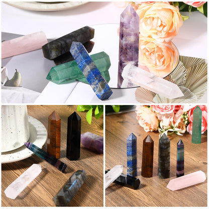 Junkin 9 Sets Healing Crystal Wand, Amethyst Rose Quartz Clear Quartz Tiger Eye Obsidian Fluorite Labradorite Lapis Lazuli for Meditation Crystal Therapy Reiki Supplies(Mixed Color,2.8-3.1 Inch)