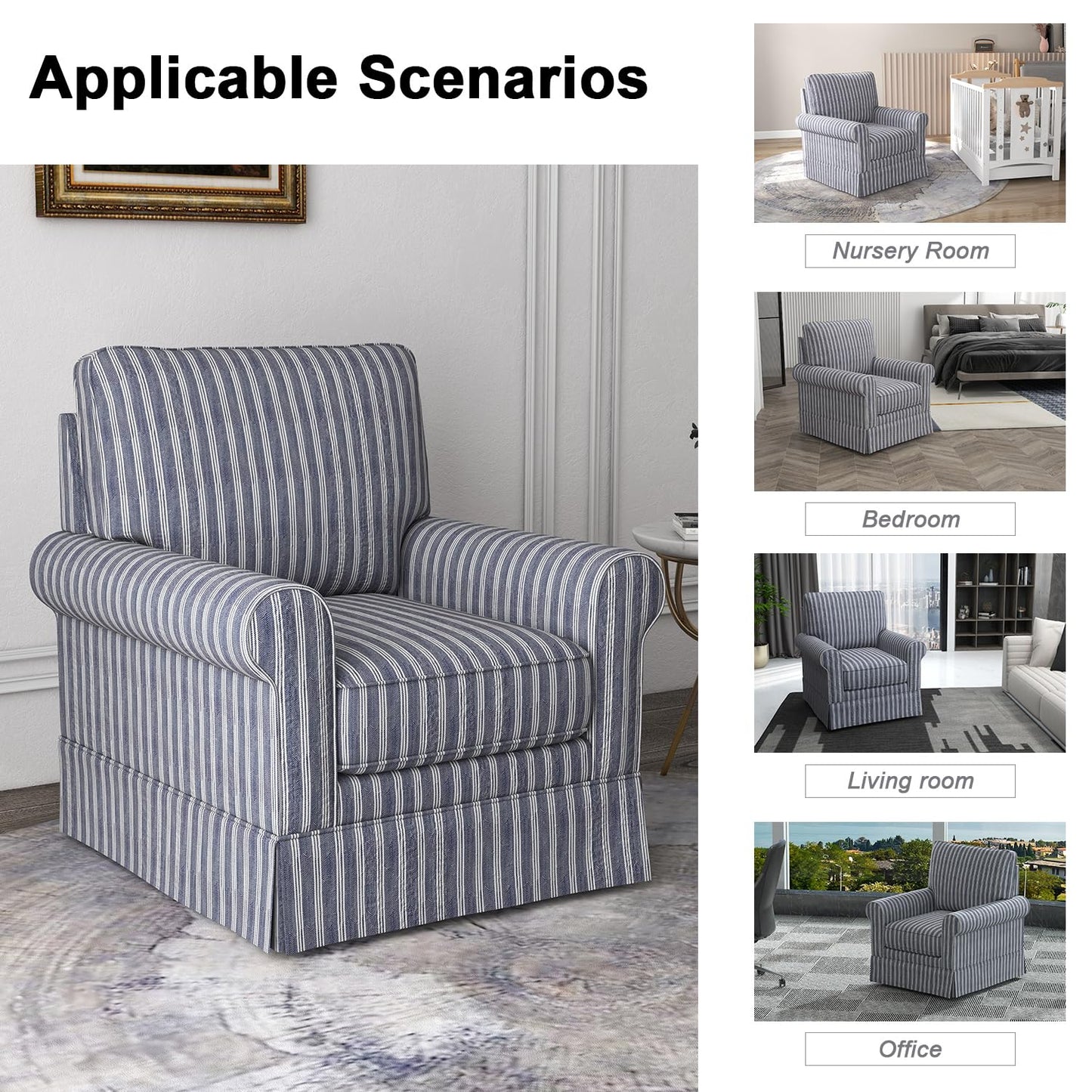 INZOY Swivel Accent Chair Linen Mid Century Modern Chair, Comfy Swivel Barrel Reading Chair, Upholstered Square Chair for Living Room Bedroom Small Spaces, Fully Assembled, Blue Stripe