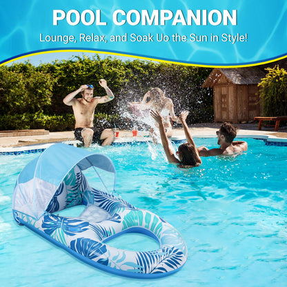 Pool Floats for Adults with Canopy,Grand Extra Large Inflatable Chair Lounger Floaties with Adjustable Sun Shade Cover, Drink Holder,Travel Pool Beach Lake Swim Inflatables Water Floating Rafts