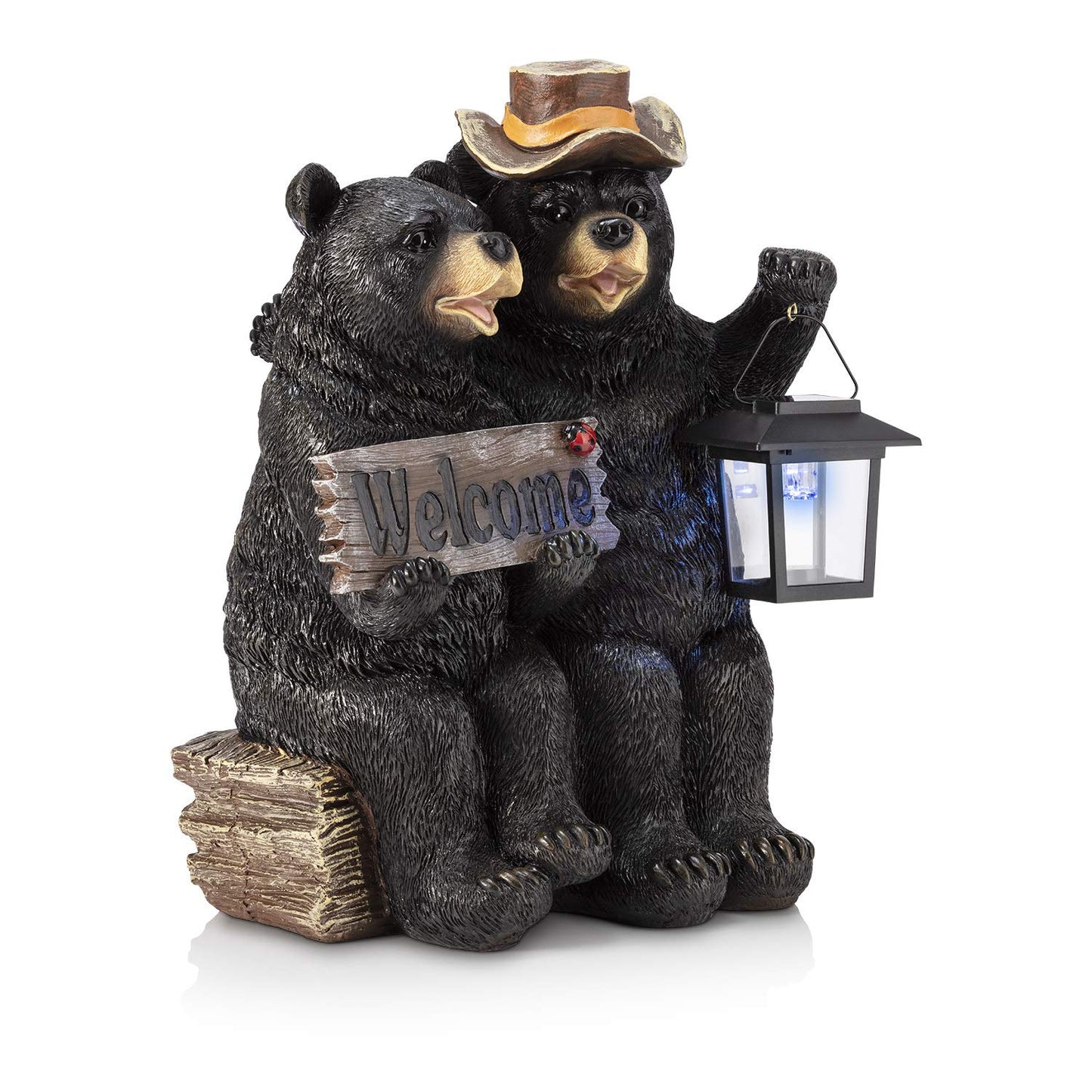 Alpine Corporation 15" H Outdoor Bear Couple with Lantern and Welcome Sign Statue with Solar LED Lights, Black