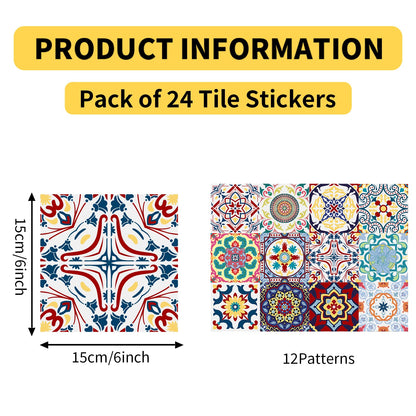 AWLZJZQA 24 PCS (6"x6") Retro Mexican Tile Sticker Peel and Stick Wall Decals Talavera Kitchen Backsplash Boho Cover Up Waterproof Murals (Wallstickers-005, 6 Inch)