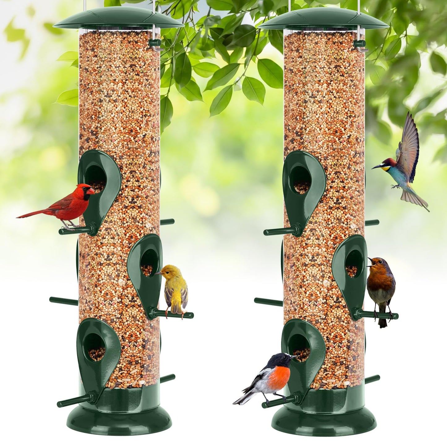 FEED GARDEN Metal Bird Feeder - 6 Port Tube Feeder for Outdoors, Heavy Duty Squirrel Proof with Metal Lid, Easy Fill & Clean, Weather Resistant, 13 Inch 2 Pack