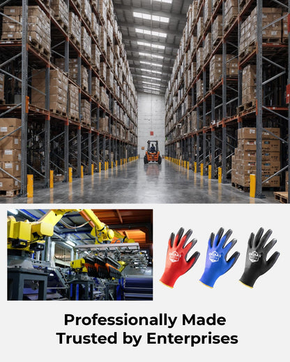 OKIAAS Work Gloves for Men，Ultra Thin and Lightweight Working Gloves with Grip, 12 Pairs Bulk Pack Construction Gloves with Polyurethane Coating, Safety Gloves for Light Duty Work (Blue, X-Large)