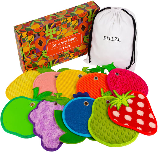 FITLZL Sensory Mats, Fruit Shaped, Assorted Textured Sensory Tiles for Kids and Autistic Children, Sensory Toys for Tactile Play and Multi Sensory Exploration, Sensory Wall and Floor Panels, 10 Piece.
