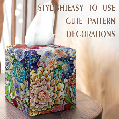 Tissue Box Cover Square Velvet Decorative Tissue Box Holder Cute Funny Cube Tissue Case Cover-Boho Floral Tissue Box Cover