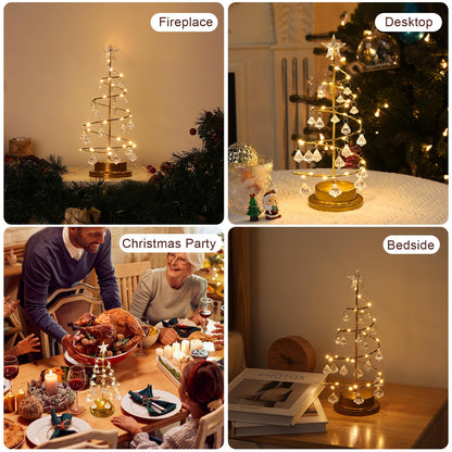 Lewondr Christmas Tree Light, 11'' Battery Operated Christmas Tree Night Light, Crystal Spiral Xmas Tree Table Lamp with Star Light & Metal Stand, Christmas Decoration for Home Room Desk Indoor, Gold