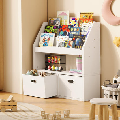 Homeiju Kids Bookshelf & Toy Storage Organizer with 2 Fabric Bins, 3 Tier Children Book Shelf, Toddler Bookcase for Toddler, Kids Room, Toys, Nursery, Playroom, White