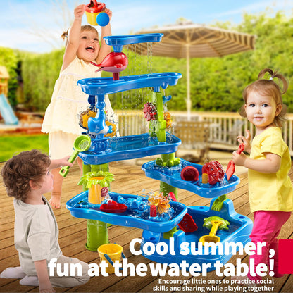 WATUDOU Water Table for Toddlers Kids 2 3 4 5 6 7 8, 5-Tier Sand Water Table with Rain Showers Pond, Kids Beach Summer Outdoor Sand and Water Sensory Table, Gifts for Kids Boys Girls Ages 3-5 4-8+
