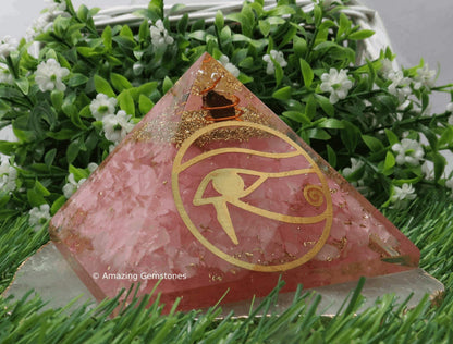 Amazing Gemstone Large Rose Quartz Orgone Pyramid Crystal, Eye of Horus Orgonite Pyramid - Positive Energy Healing