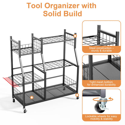 Garden Tool Organizer with Wheels for Garage, Freestanding Garage Tool Organizer, Yard Tool Holder, Garden Tool Cart for Long Handled Tools,Rakes, Brooms, Yard Storage Rack for Shed, Indoor, Outdoor