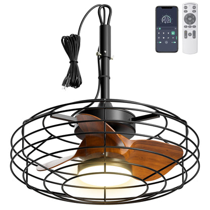 Coolbull Plug and Play Outdoor Ceiling Fans with Lights, 20'' Wet Rated Gazebo Fan Remote/APP Control, Dimmable Hanging Fan for Patio Pergola, Wood Color