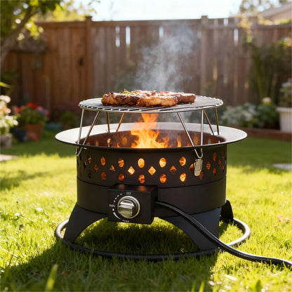 Breezz 20 Inch Propane Fire Pit with Grill, 60000 BTU Smokeless Gas Firepit for Outside Patio,with Foldable Cooking Grate & 7 lbs Lava Rocks, Adjustable Flame, Outdoor Camping BBQ