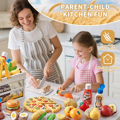 Play Food Sets for Kids Kitchen, Wheat Straw Pretend Food Toys with Kids Picnic Basket and Picnic Blanket, Cutting Toy Food, Fake Food with Pizza Toy, Play Kitchen Accessories, STEM Gift for Boy Girl