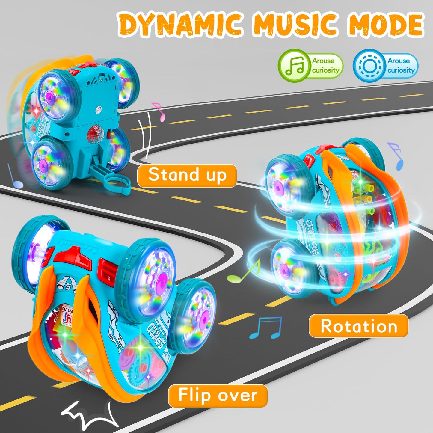 Light Up Transparent Sensory Car Toy - 360° Standing Rotation Roll Stunt Car, Bump and Go Toy Cars with Colorful Moving Gears & Music, Educational Toys for Toddlers, Best Gifts for Kids 1 2 3 4 Years