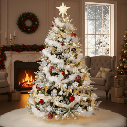 HunnmingRe 37 Pcs Christmas Tree Ornaments Set, 93 x 35 Inches Snow Blanket Roll and 36 Pcs White Glitter Plastic Snowflake Ornaments for Winter Tree Garland Village Decor