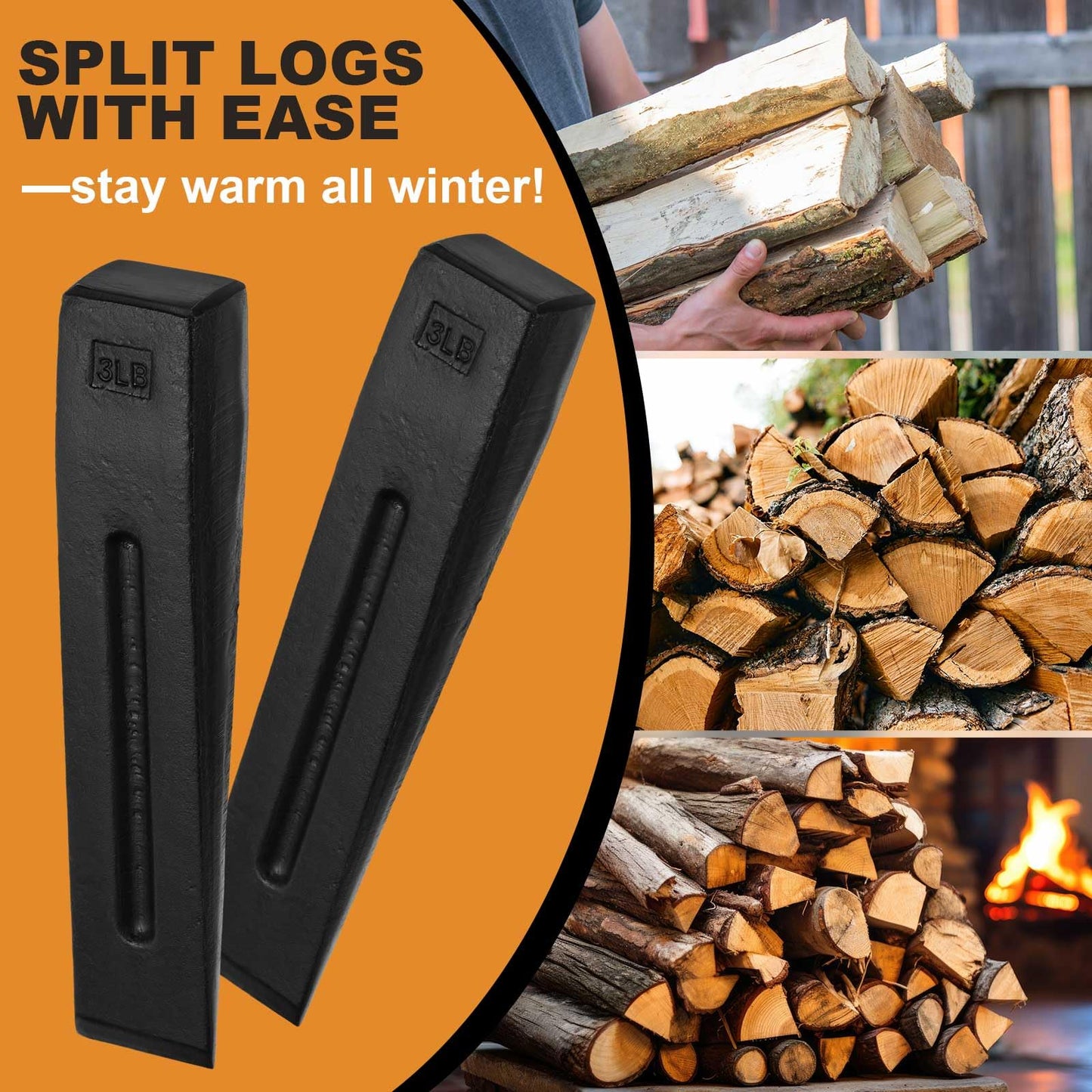 Otoolling 2 Pcs Manual Log Splitter Wedge Wood Splitting Wedges for Firewood 2 Way Black Design Forged Steel Tool for Easy Wood Splitting Sharpened Edge for Outdoor Logging Chopping(3 Lbs)