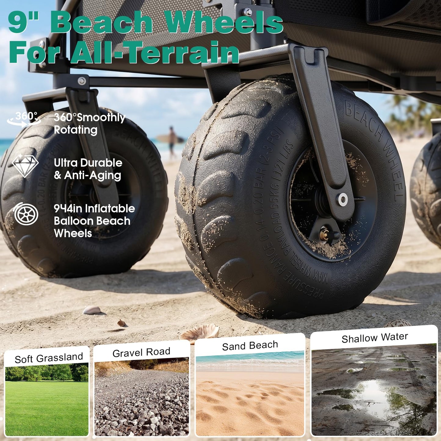 SUNNYFEEL Collapsible Beach Wagon with 9" Balloon Wheels, 300L Beach Cart with Big Wheels for Sand, 550LBS Heavy Duty Folding Wagon Cart with Adjustable Handle for Camping, Garden, Outdoor, Black