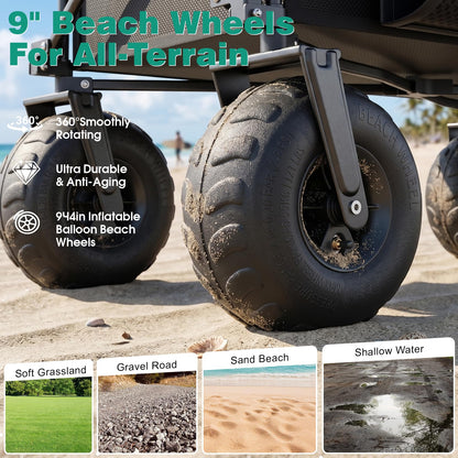 SUNNYFEEL Collapsible Beach Wagon with 9" Balloon Wheels, 300L Beach Cart with Big Wheels for Sand, 550LBS Heavy Duty Folding Wagon Cart with Adjustable Handle for Camping, Garden, Outdoor, Black