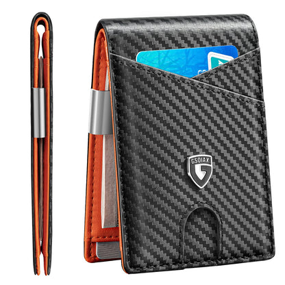 GSOIAX Slim Leather RFID Bifold Wallet for Men Minimalist Front Pocket Wallet with Money Clip,12 Card Slots,ID Window,Cool Groove Design,Includes Gift Box (Carbon Orange)