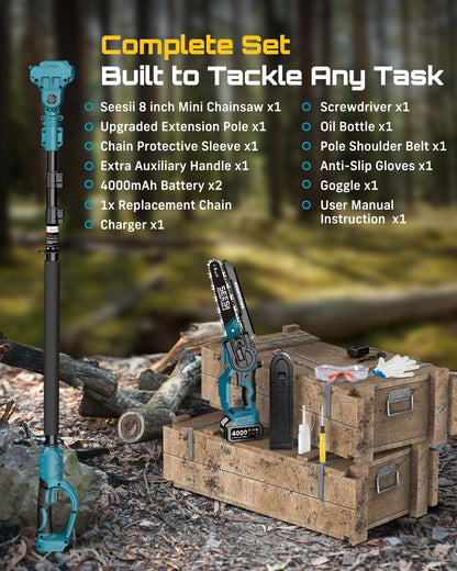 SEESII 2 in 1 Cordless 8 inch Pole Saw & Mini Chainsaw with 2 Battery, Power Electric Polesaw for Tree Trimming, Chain Saw with Extension Pole, Limb Branch Cutter Pruner P8 Ace
