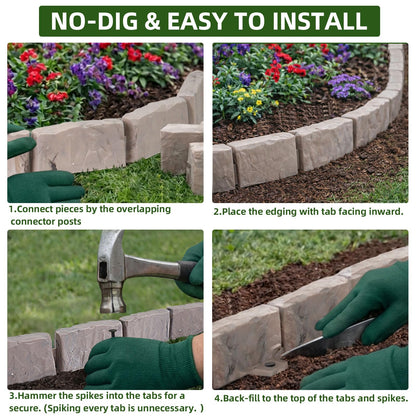 Landscape Edging Faux Stone Garden Edging Border with Anchoring Spikes,2.75 in Tall Decorative Stone-Look Garden Border for Flower Bed Edging,Lawn,Landscaped Yard,Trees and Gardens,91FT,Brown