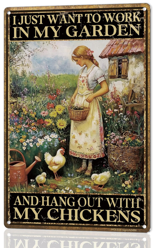 MOLESS Funny Garden Sign – I Just Want to Work in My Garden and Hang Out with My Chickens | 12x8″ Vintage Metal Sign for Outdoor Decor - Gardening Gift for Women Chicken & Plant Lovers, 2486