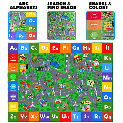 Kids Play Mat, Super Soft Car Track Rug, ABC and Shapes Educational Playmat, Non-Slip City Road Traffic Carpet Nursery Rugs for Playroom Bedroom Boys, Children Play Area Rug