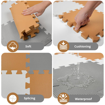 16 Tiles Baby Play Mat for Floor, EVA Foam Baby Floor Play Mat with 0.6 Inch Thick Interlocking Foam Tiles, Foam Floor Tiles for Baby, Toddlers and Kids (Brown-Gray-White, 16PCS)