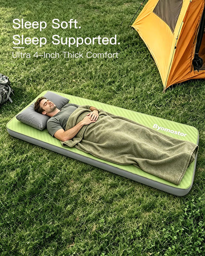 Byomostor 4" Ultra-Thick Foam & Air Camping Mattress with Built-in Rechargeable Air Pump, 9.5R Insulated Portable Foam Sleeping Pad for Car, SUV, Rooftop Tent – Single Size, All-Season Comfort