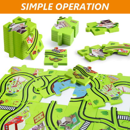48 PCS Puzzle Race Track Car Set: Toddlers Kids Boys Girls Toys & Gifts for 3 4 5 6 Year Old | Puzzle Tracks Car Toys | with 2 Small Cars Toy and Roadblocks | Play & Learn Toy | Kid for Ages 3-5 4-6