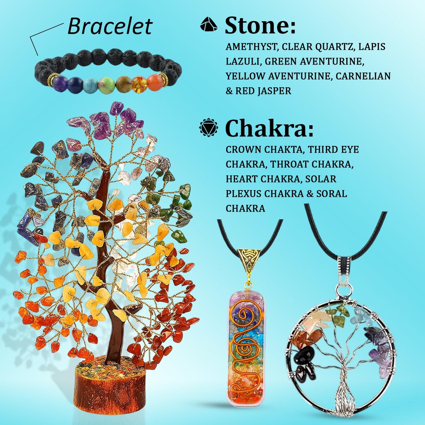 7 Chakra Healing Crystal Gift Set - Premium 300-Bead Gemstone Money Tree, Protection Bracelet & 2 Pendant Necklaces - Complete Feng Shui Meditation Kit for Home Decor, Good Luck & Spiritual Healing