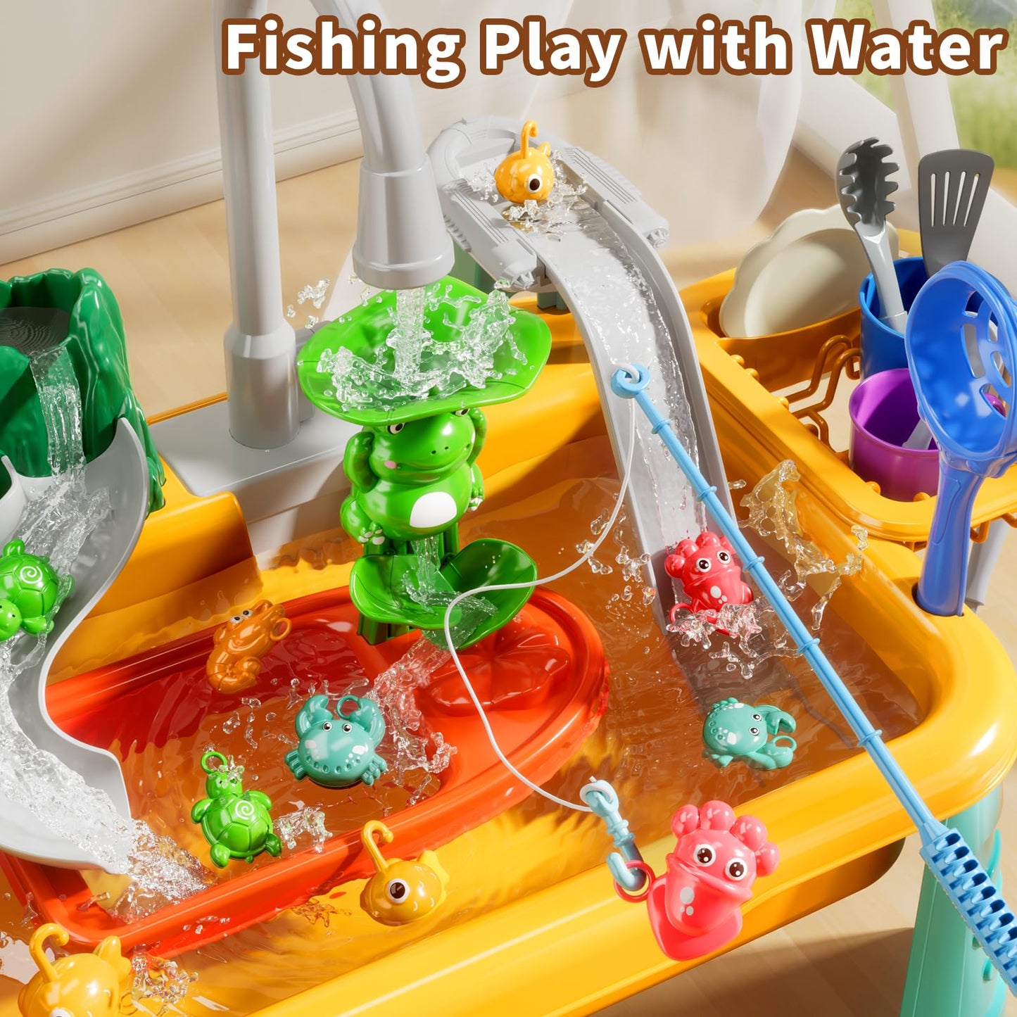 NIPLOOOW Kitchen Sink Toys Toddlers 3-5, Play Sink with with Electric Water Pump, Water Table for Kids Ages 4-8, Fishing Game Outdoor Toys Pretend Role Play Toys for Boys Girls 3 4 5 6 7 8
