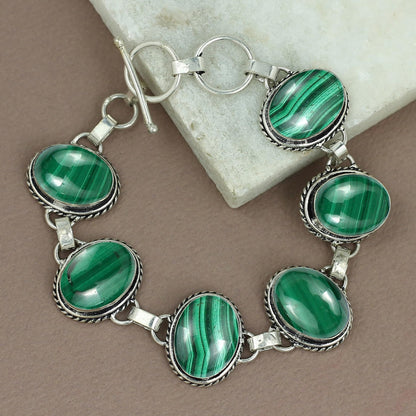 Natural Malachite Silver Plated Handmade Link Bracelet for Women - April Birthstone Oval Gemstone Adjustable Bracelet Vintage Style Bohemian Jewelry - Gifts for Mom Wife Sister Her