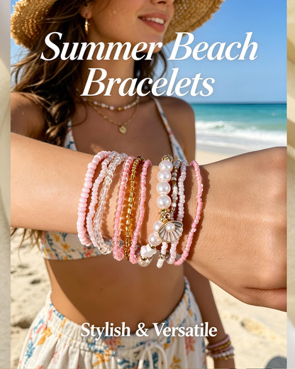 FAXHION Boho Gold Beaded Bracelets for Women, Starfish & Shell Pendant Bracelet Stack, Pink Bracelet Set Summer Beach Jewelry Gifts