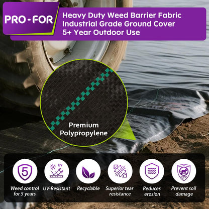 PRO-FOR 3FT x 100FT 3.2oz Heavy Duty Weed Barrier Landscape Fabric – Premium Woven Ground Cover for Gardening, Farming & Driveways, Breathable Weed Control Cloth with 10 U-Shaped Securing Pegs