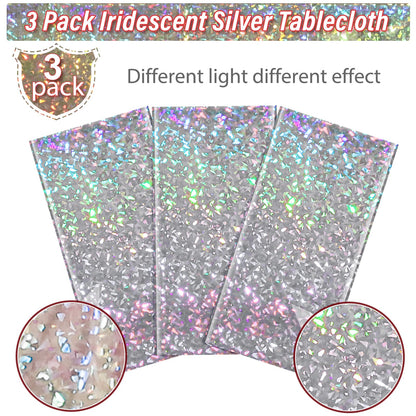 3 Pack New Iridescent Silver Tablecloth Party Decorations, Holographic Silver Glitter Plastic Tablecloth, Disposable Laser Rectangle Table Cover for Disco Birthday 70s Theme Party Decorations, 54x108"