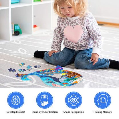 Jigsaw Puzzles for Kids Ages 4-8, 108 Pieces Whale Shaped Cardboard Puzzles for Animal Lovers, Sturdy Floor Puzzles Box and Poster, Educational Toys Gift for Boys Girls, 23.38 x 14.72 Inch