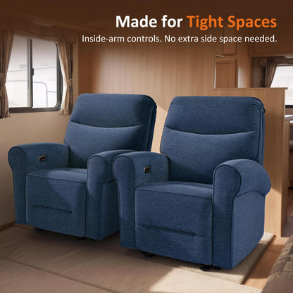 MCombo Compact Wall Hugger Power Recliner Chair for Small Spaces, Dual USB-A/C Ports, Rolled Arm Recliner for Living Room & RV, Fabric PR520 (Fabric, Navy Blue, Small)