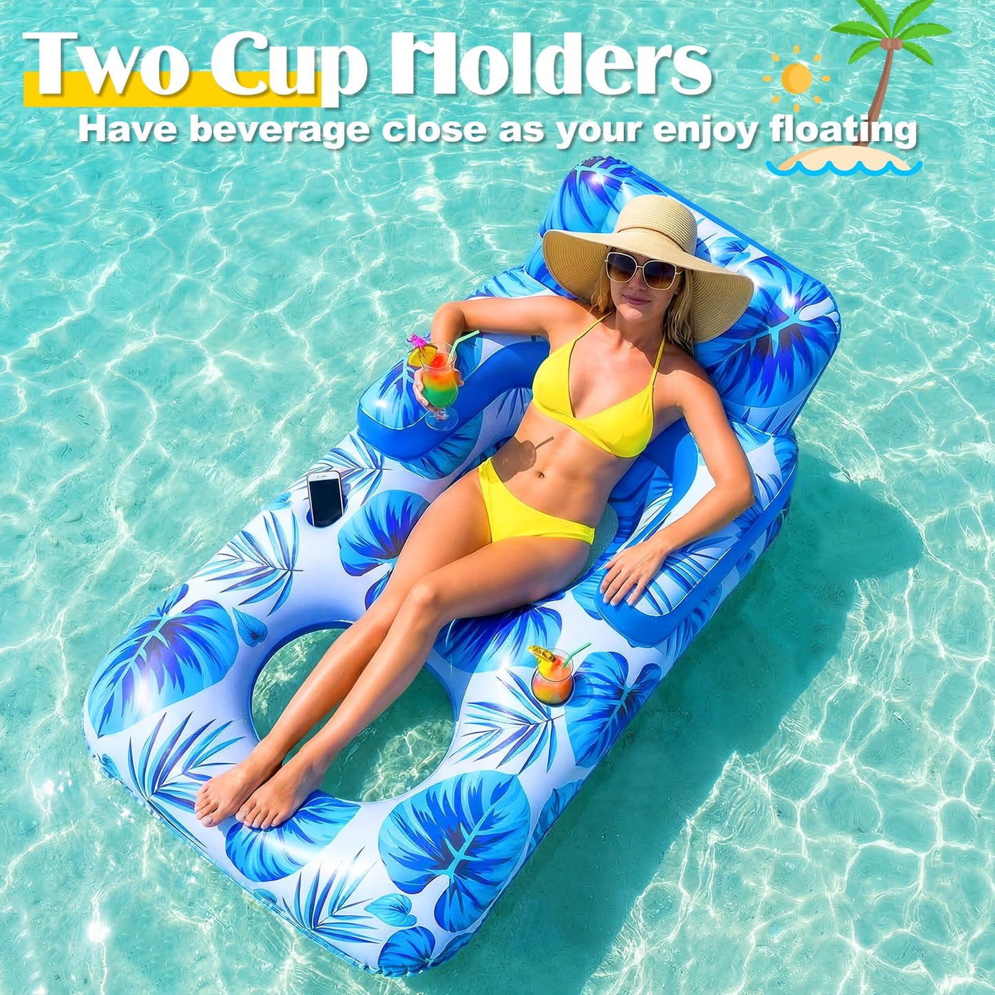 Shinepool Pool Floats Adult, 65" Thicken PVC Inflatable Pool Chair Lounger Rafts with Cup & Phone Holder & Headrest Backrest Footrest, Comfort Pool Floaties for Adults Lake Beach Party Outdoor (1PC)